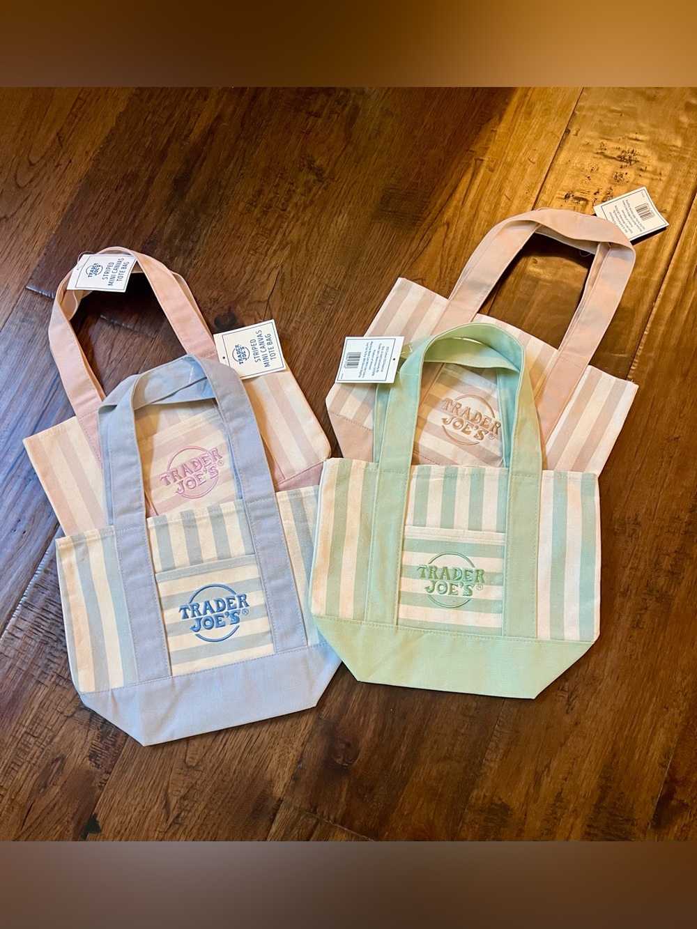 *NEW* Trader Joe’s Set of Four (4) Canvas Bags - Striped Blue, Pink, Green, Tan